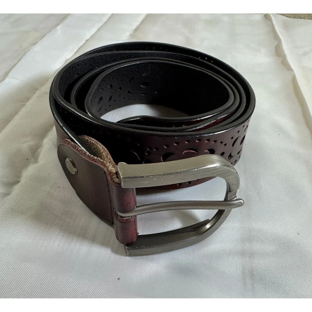 Burgundy Faux Leather Laser Cut Floral Eyelet Belt Silver Buckle Wine Red